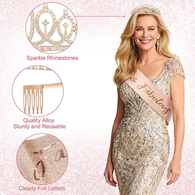 50th Birthday Decorations for Women - Rose Gold 37Pcs All-in-One Party Kit with Banner, Backdrop, Tiara, Sash, Cake Topper, Latex Balloons, Hanging Swirls, Centerpieces