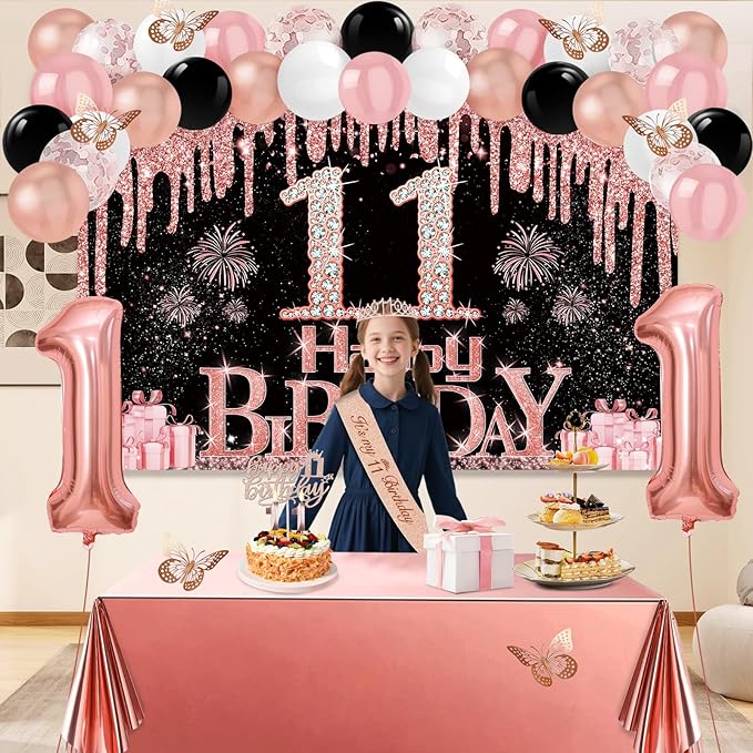 11th Birthday Decorations for Girls, 49pcs Black Rose Gold Black Banner, Tablecloth, Butterfly Decor, 11th Birthday Sash and Tiara, Cake Topper, Candles, Balloons Arch