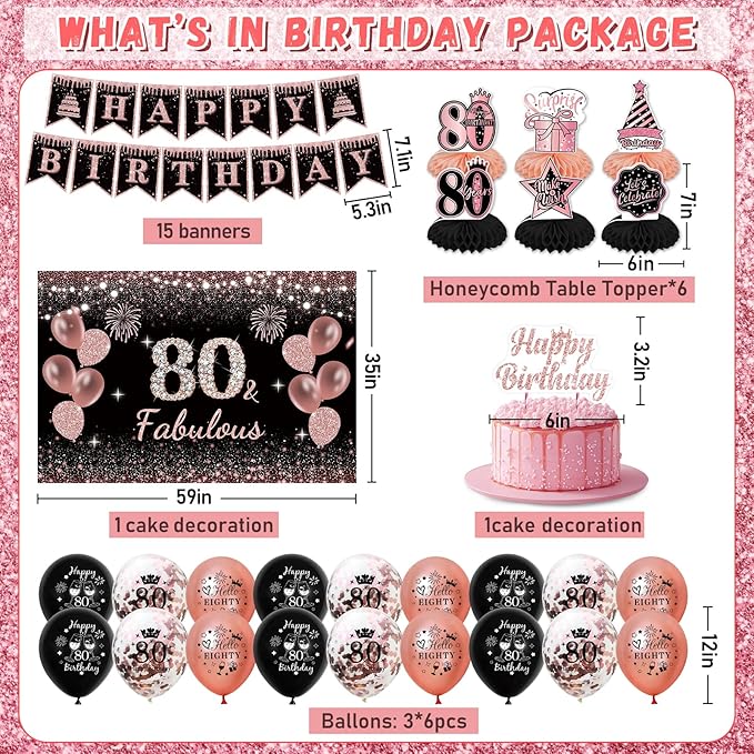 80th Birthday Decorations for Women - Rose Gold 37Pcs Golden Years Celebration Party Kit with Banner, Backdrop, Tiara, Sash, Cake Topper, Latex Balloons, Hanging Swirls, Centerpieces | Party Supplies