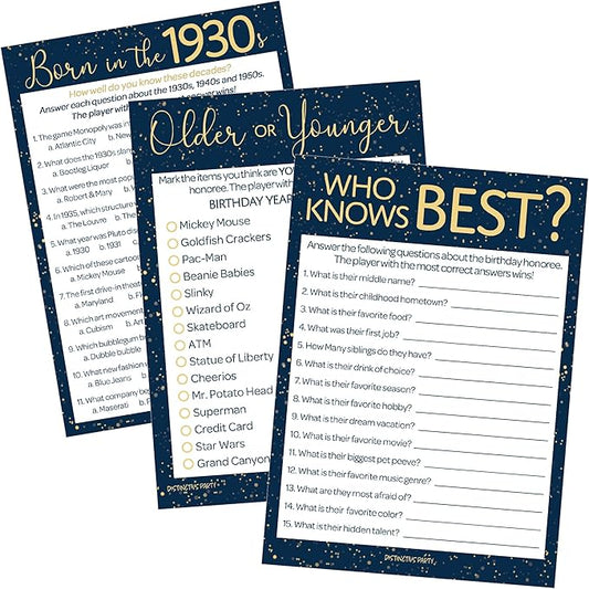 DISTINCTIVS 90th Birthday Party Games – Navy Blue and Gold Trivia Game Bundle for 20 Guests – Born in The 1930s Theme – 3 Fun Activities for 90th or 95th Birthday Celebrations