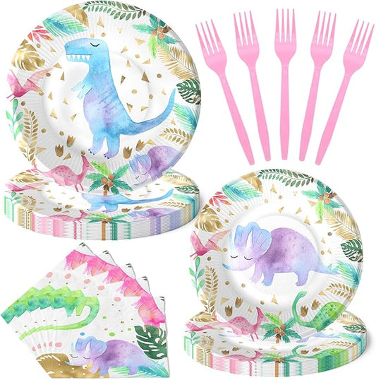40 Pack Pink Dinosaur Theme Birthday Party Tableware Set with Plates, Napkins, and Forks