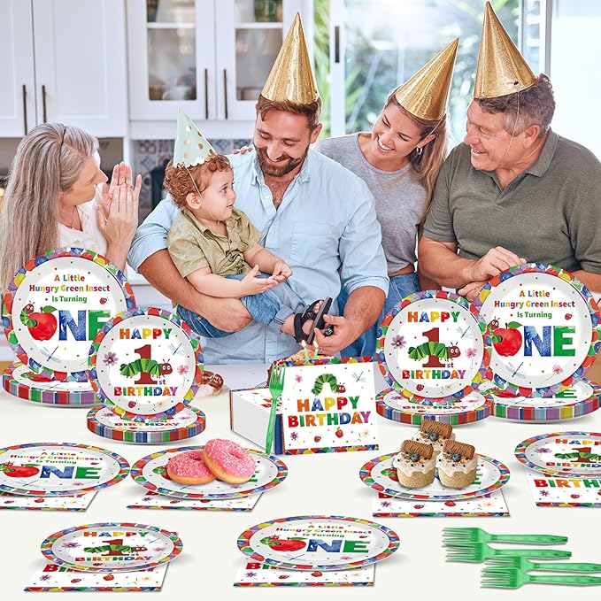 96Pcs Caterpillar 1st Birthday Party Plates and Napkins Hungry Caterpillar Theme Decor Very Hungry Paper Disposable Dessert Cake Plates Cartoon Green Insect Tableware Set for Kids Birthday 24 Guests