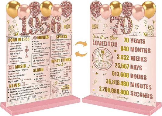 Guiruiy Pink Rose Gold 70th Birthday Decorations for Women, Two-Sided Vintage 70 Back in 1956 Theme Poster Wooden Table Sign with Stand, Seventy Years Old Bday Centerpieces Holder for Table Decor