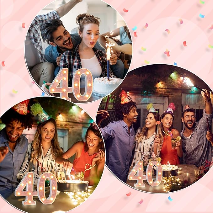 Treela 8.7'' Birthday Decorative LED Light up Numbers, Glitter Marquee Number Sign for Night Birthday Party Decorations Anniversary Bar LED Sign Backdrop Wall Table Centerpieces(40th,Rose Gold)