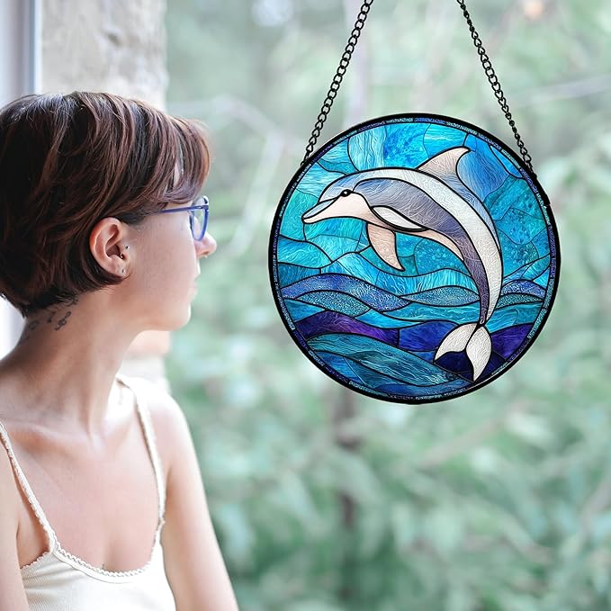 Stained Glass Suncatcher, Blue Ocean Dolphin Sun Catcher Marine Life Stain Glass Indoor Window Hanging Decoration Mother's Day Birthday Gifts for Women Men Mom and Nana 15 in