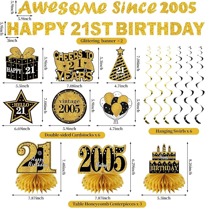 Kuxriox 11Pcs 21st Birthday Decorations Kit for Men Women, Black Gold Happy 21st Birthday Banner, Awesome Since 2005 Centerpieces Swirls Party Supplies, Twenty-one Bday Banner Ceiling Table Topper Sign