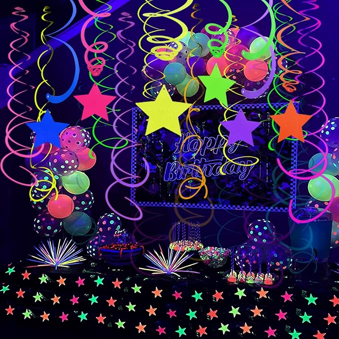56 Pieces Rainbow Hanging Swirl Decorations Neon Swirl Streamers UV Neon Garland Ceiling Decorations Glow in The Dark Neon Party Supplies and Decorations Black Light Party Kit for Birthday Wedding