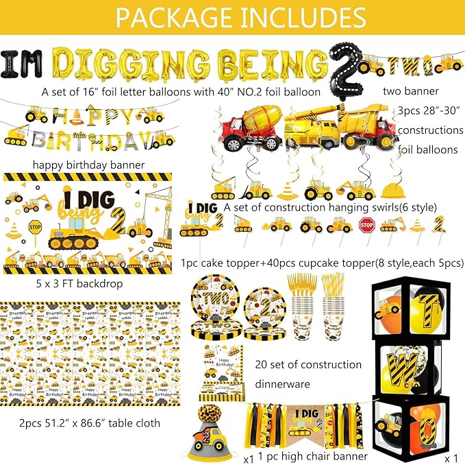 345 Pcs Construction 2nd Birthday Party Supplies, Dump Truck Two Years Old Party Decorations Include Backdrop, Balloons Box, Hanging Swirls, High Chair Banner, Hat, Tablecloth, Plates, Cake Toppers