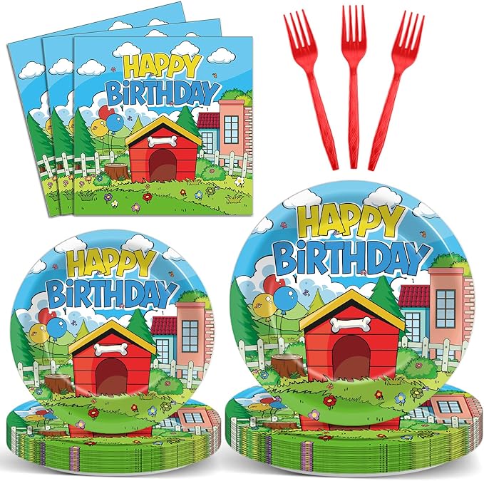 96Pcs Cute Dog Red House Birthday Party Supplies Cartoon Dog Red House Paper Plates and Napkins Puppy Theme Disposable Tableware Set for Kids Birthday Baby Shower Party Decorations Serves 24
