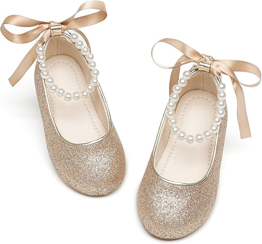 Toddler Flower Girl Dress Shoes - Little Girl Ballet Flats Pearl Strap for Wedding Party