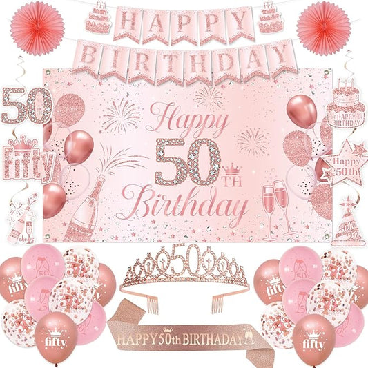 50th Birthday Decorations for Women, 50th Rose Gold Birthday Party Supplies, 50 Years Celebration Kit Including Backdrop, Crown, Sash, banner, Hanging Swirl,Balloons,Paper Fans for Her