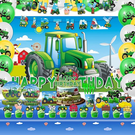 186Pcs Tractor Birthday Decoration Pack Kit Include Farm Tractor Paper Plates Napkins Cups and knives Forks Spoons Tablecloch Balloons kids Dinnerware Set Kids Tractor Party Supplies
