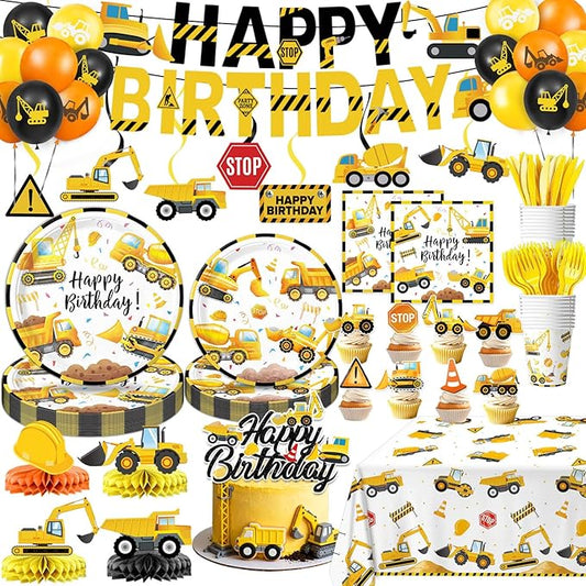 Construction Birthday Party Supplies - Plates, Napkins, Cups, Cutlery, Cake & Cupcake Toppers, Banner, Honeycomb Centerpieces, Tablecloth, Balloons for Construction Party Decorations, Serves 24