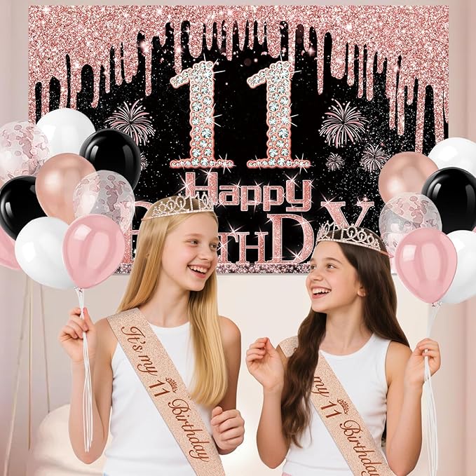 11th Birthday Decorations for Girls, 49pcs Black Rose Gold Black Banner, Tablecloth, Butterfly Decor, 11th Birthday Sash and Tiara, Cake Topper, Candles, Balloons Arch
