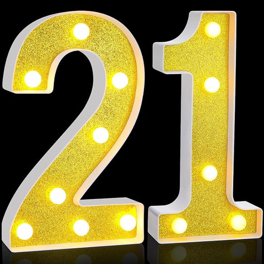 Treela 8.7'' Birthday Decorative LED Light up Numbers, Glitter Marquee Number Sign for Night Birthday Party Decorations Anniversary Bar LED Sign Backdrop Wall Table Centerpieces(21st,Gold)