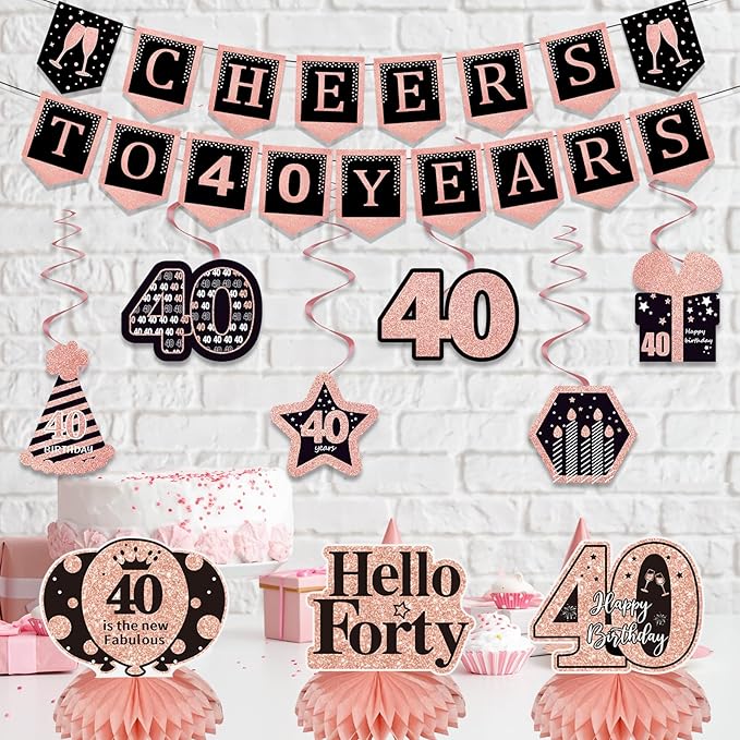 14Pcs 40th Birthday Decorations for Women with Banner, Hanging Swirls, Balloons,Crown and Sash,Table Honeycombs Centerpieces, Happy 40th Birthday Decorations