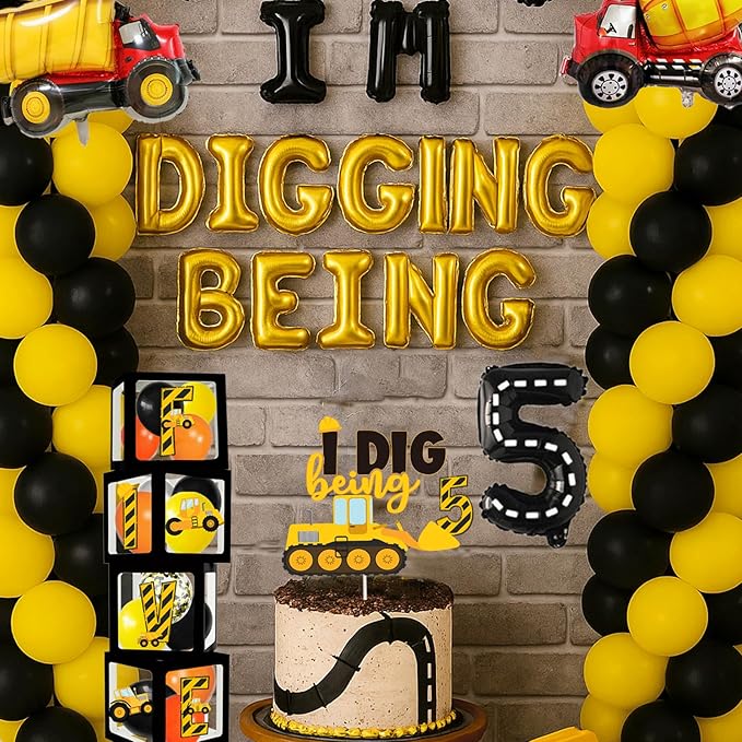 345 Pcs Construction 5th Birthday Party Supplies, Dump Truck Five Years Old Party Decorations Include Backdrop, Balloons Box, Hanging Swirls, Tablecloth, Plates, Cake Toppers, Balloons Garland Kit