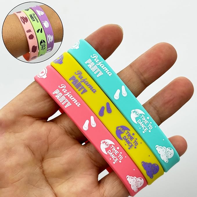 FSHANEE Pajama Sleepover Rubber Bracelets Party Supplies Pajama Party Favors Silicone Wristbands Pajama Themed Birthday Party Decorations Counts of 24