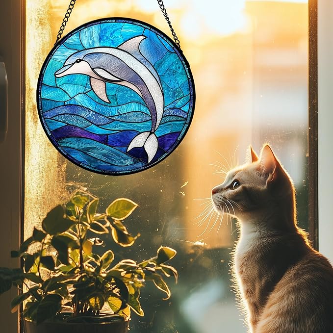 Stained Glass Suncatcher, Blue Ocean Dolphin Sun Catcher Marine Life Stain Glass Indoor Window Hanging Decoration Mother's Day Birthday Gifts for Women Men Mom and Nana 15 in