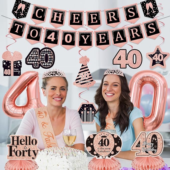 14Pcs 40th Birthday Decorations for Women with Banner, Hanging Swirls, Balloons,Crown and Sash,Table Honeycombs Centerpieces, Happy 40th Birthday Decorations