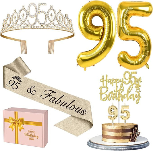 95th Birthday Decorations for Women Gold with 95th Birthday Sash and Tiara, Cake Topper and Candles, Number Balloons, 95 Year Old Gifts for Women