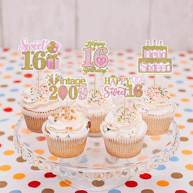 25 Pack Sweet 16th Cupcake Toppers Hello Sixteen 16 Vintage 2009 Happy 16th Birthday Cupcake Picks for Happy Sweet 16 Wedding Anniversary Party Cake Decorations Supplies (pink)