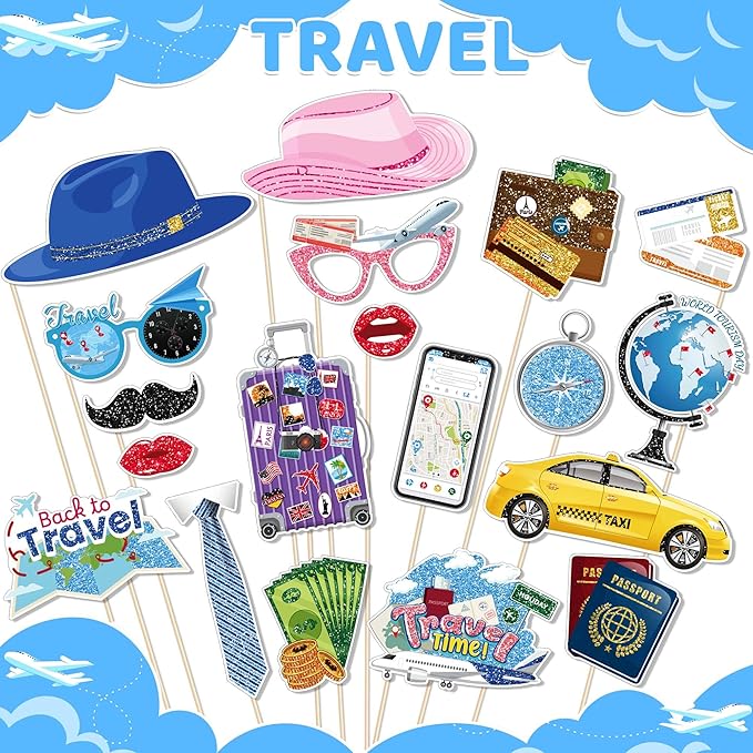 25 Pcs Travel Themed Photography Decorations, Fun Global Travel Photo Booth Props, Party Supplies for All Occasions Such as Graduation Ceremonies and Birthdays