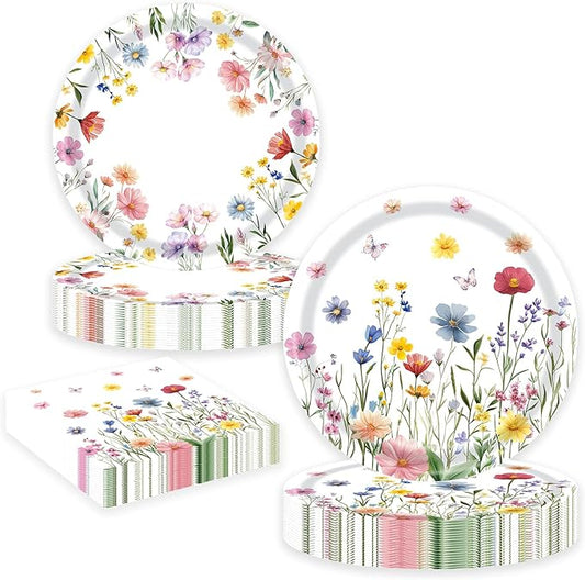 LYFREE 60 PCS Wildflower Party Supplies Flower Paper Plates and Napkins Spring Floral Theme Decoration Tableware for Birthday Baby Shower Wedding Picnic Afternoon Tea Garden Party Serve 20 Guests