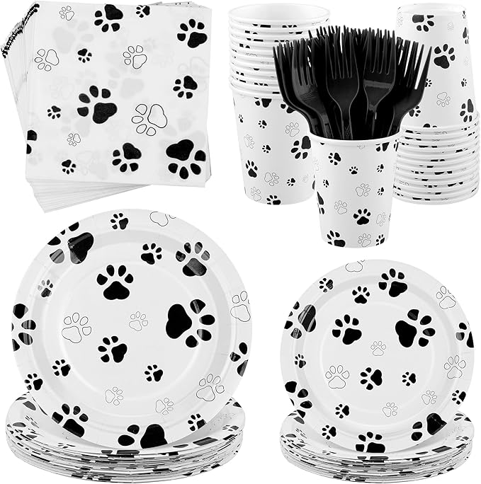 Kochorie 144 Pieces Black Paw Print Party Tableware Sets Including Disposable Plates Napkins Cups Forks Serves 24 for Dog Puppy Theme Party Supplies