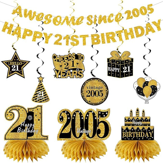 Kuxriox 11Pcs 21st Birthday Decorations Kit for Men Women, Black Gold Happy 21st Birthday Banner, Awesome Since 2005 Centerpieces Swirls Party Supplies, Twenty-one Bday Banner Ceiling Table Topper Sign
