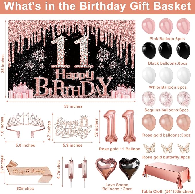 11th Birthday Decorations for Girls, 49pcs Black Rose Gold Black Banner, Tablecloth, Butterfly Decor, 11th Birthday Sash and Tiara, Cake Topper, Candles, Balloons Arch