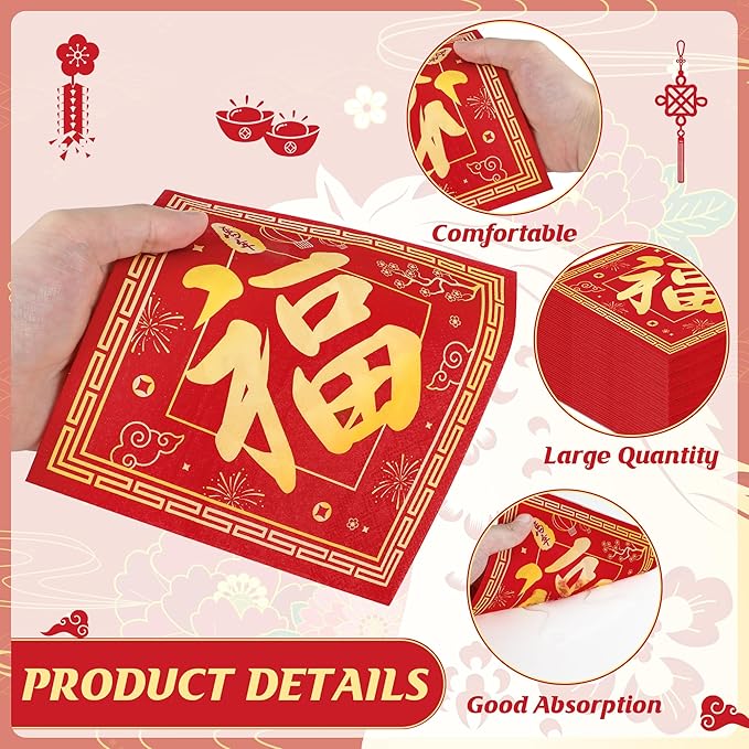 50 PCS Chinese New Year Decorations 2026, Folded Chinese New Year Napkins, 6.5" Paper Red Fu Lunar New Year Napkins, Disposable Year of the Horse 2026 Party Decorations for Spring Festival
