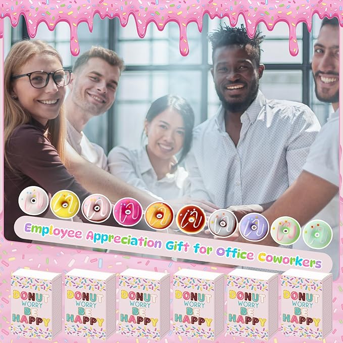 Wettarn 24 Sets Appreciation Donut Gifts Cute Stress Balls with Support Gift Boxes Inspirational Party Favors for Employee Coworker Friends Office Positive Stress Relief Toys