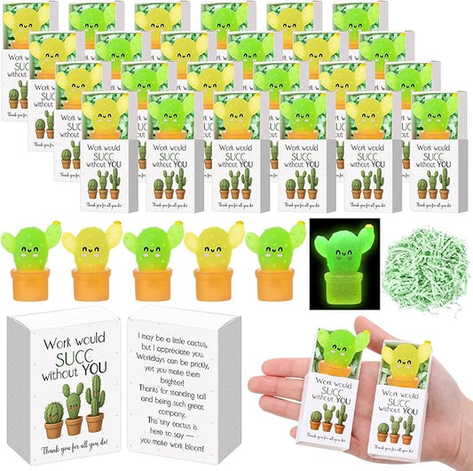 Wettarn 20 Sets Work Appreciation Gifts Cactus Stress Balls with Thank You Boxes Bulk Company Party Favors for Employee Coworker Staff Office Positive Relief Desk Decor, Luminous