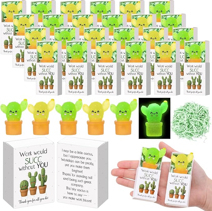 Wettarn 60 Sets Work Appreciation Gifts Cactus Stress Balls with Thank You Boxes Bulk Company Party Favors for Employee Coworker Staff Office Positive Relief Desk Decor, Luminous