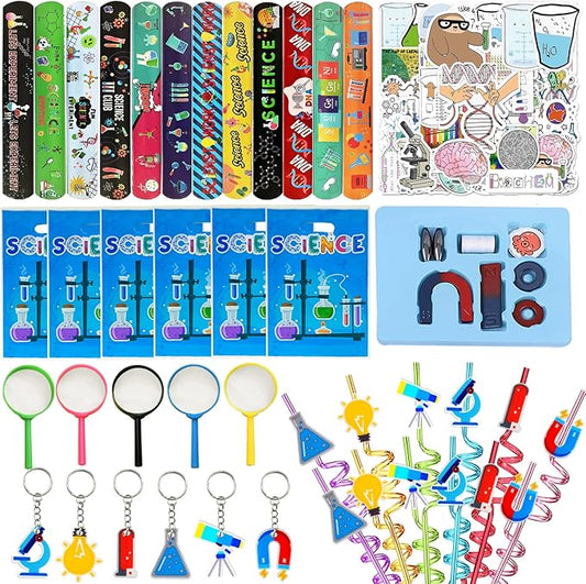 QZYCMHOO 111PCS Science Party Favors Set, Lab Birthday Decorations Including Slap Bracelets, Keychains, Gift Bags, DIY Stickers, Drinking Straws, Science Birthday Supplies