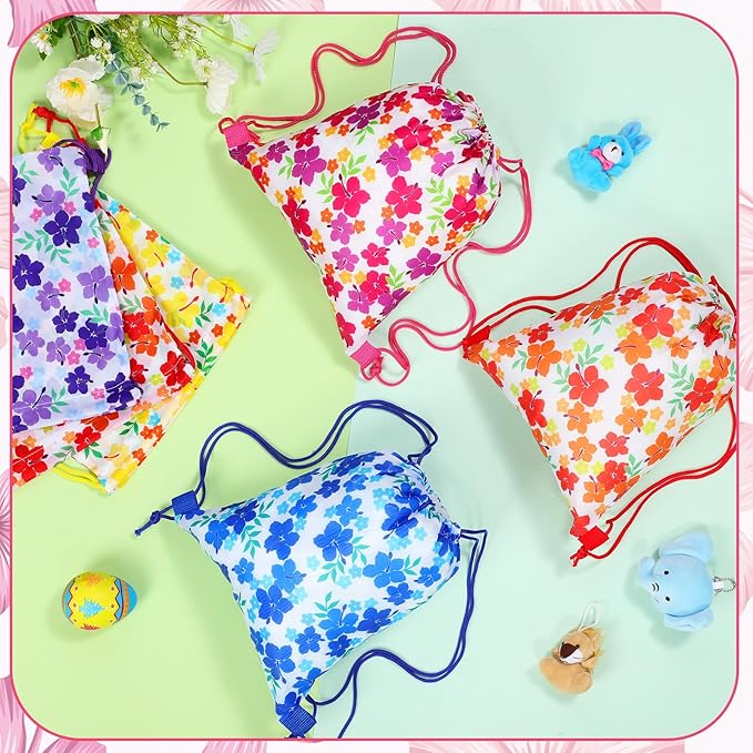 Teling Hibiscus Party Favors Bags Drawstring Luau Bag Tropical Gift Bags for Birthday Baby Shower Party Favor Packs(24 Pcs, Vivid Style)