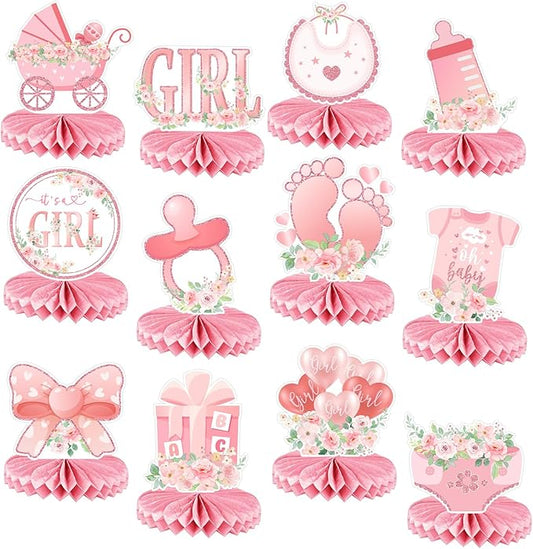 Pink Girl Birthday Party Honeycomb Centerpieces for Tables - 12 Pack Baby Shower Decorations for Girl, Floral It's a Girl Gender Reveal Table Centerpiece Party Supplies, First Birthday Party Supplies