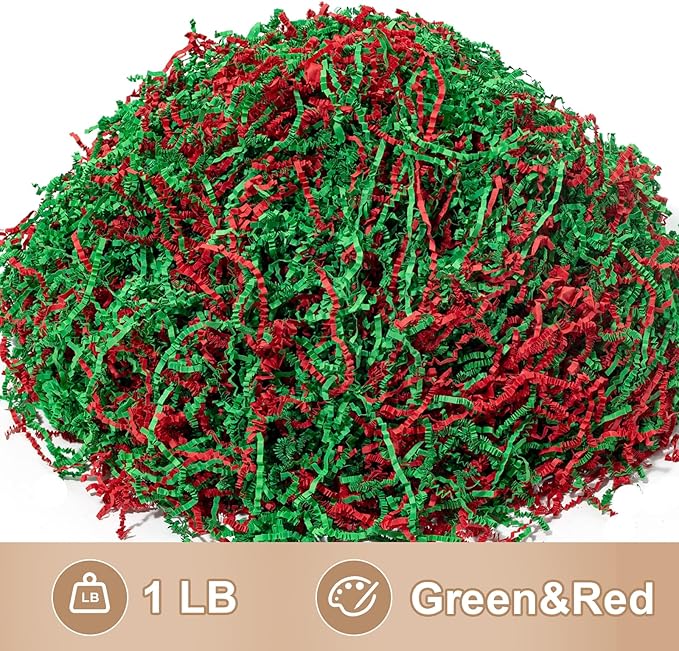 Wowxyz 1 LB Crinkle Cut Paper Shred Green & Red Crinkle Shredded Paper for Gift Baskets - Gift Box Bag Filler - Confetti Stuffing for Birthday, Holiday Present Packaging Wrapping