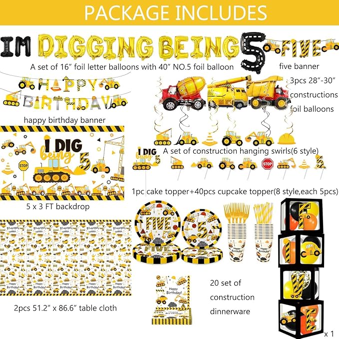 345 Pcs Construction 5th Birthday Party Supplies, Dump Truck Five Years Old Party Decorations Include Backdrop, Balloons Box, Hanging Swirls, Tablecloth, Plates, Cake Toppers, Balloons Garland Kit