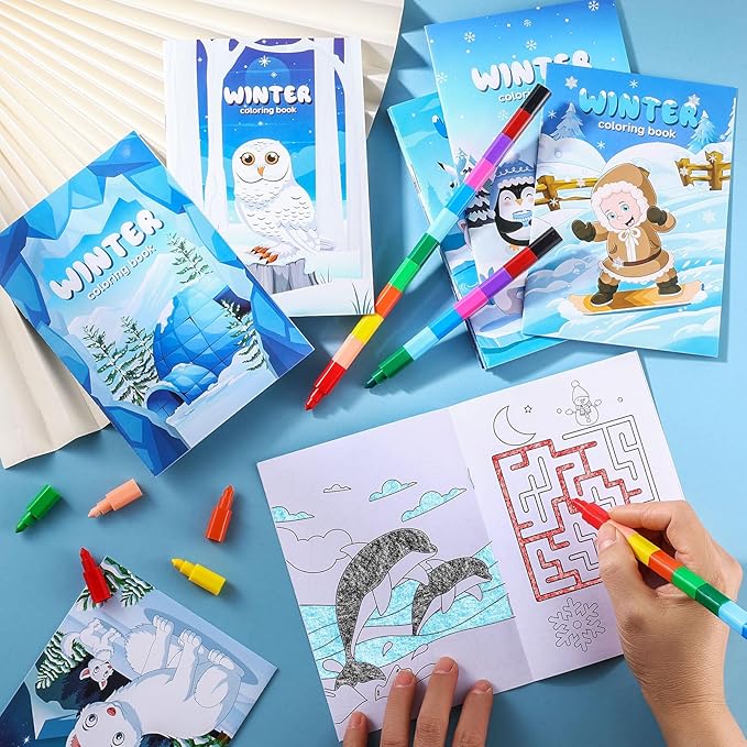 BenLouis 24 Pcs Winter Mini Coloring Books Kids Polar Animals Penguin Party Favors Small Activity Books Bulk for Kids Winter Holiday Theme Birthday Goodie Bags Stuffers Return Gifts Classroom Travel