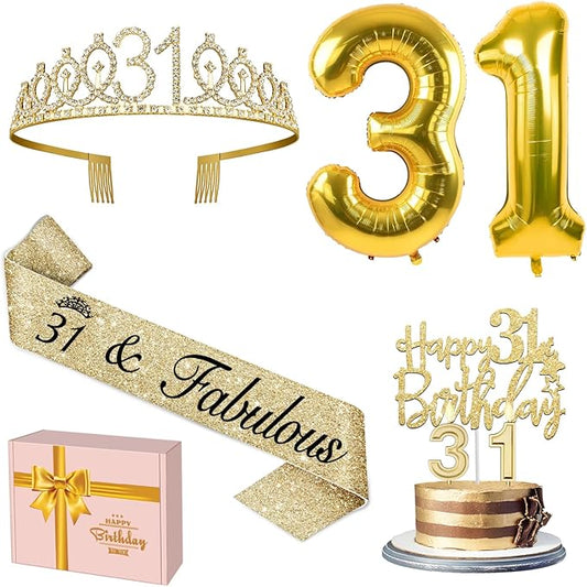 31st Birthday Decorations for Women Gold with 31st Birthday Tiara and Sash, Cake Topper and Number Candles, Number Balloons, 31 Year Old Gifts for Women