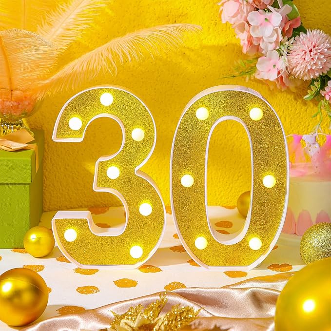 Treela 8.7'' Birthday Decorative LED Light up Numbers, Glitter Marquee Number Sign for Night Birthday Party Decorations Anniversary Bar LED Sign Backdrop Wall Table Centerpieces(30th,Gold)