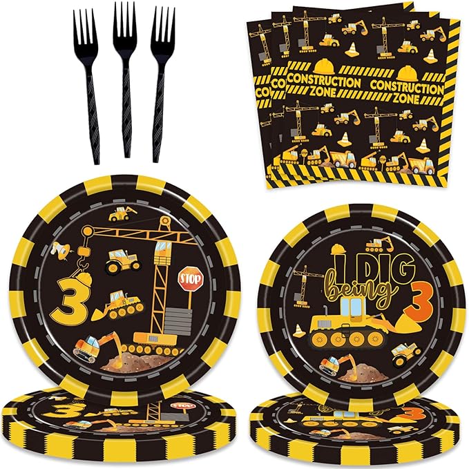 80 Pcs Construction 3rd Birthday Party Supplies Dump Truck Theme Three Decorations Tableware Includes Plates, Napkins, Forks for Boys Construction Three Years Old Birthday Party Decorations Favors