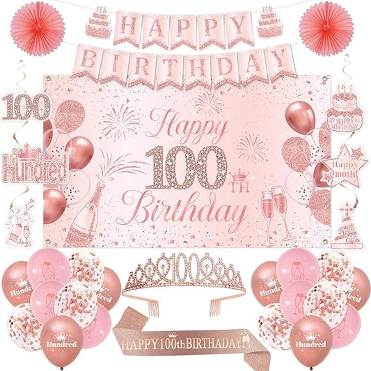 100th Birthday Decorations for Women, 100th Rose Gold Birthday Party Supplies, 100 Years Celebration Kit Including Backdrop, Crown, Sash, banner, Hanging Swirl,Balloons,Paper Fans for Her