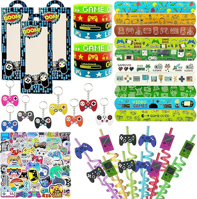 QZYCMHOO 110PCS Video Game Party Favors Gamer Birthday Party Supplies with Reusable Drinking Straws Keychains Game Boxes Gift Goodie Treat Bag Fillers Gaming Party Favors