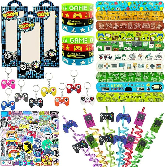 QZYCMHOO 110PCS Video Game Party Favors Gamer Birthday Party Supplies with Reusable Drinking Straws Keychains Game Boxes Gift Goodie Treat Bag Fillers Gaming Party Favors