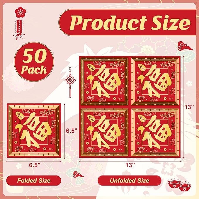 50 PCS Chinese New Year Decorations 2026, Folded Chinese New Year Napkins, 6.5" Paper Red Fu Lunar New Year Napkins, Disposable Year of the Horse 2026 Party Decorations for Spring Festival