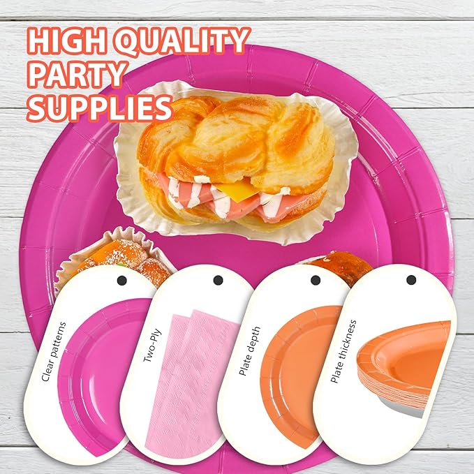 Greencian 420Pcs Pink and Orange Party Decorations Include 7" and 9" Hot Pink and Orange Paper Plates and Napkins Cups Spoons Forks Knives Complete Pack for Sunset Party Decorations Supplies