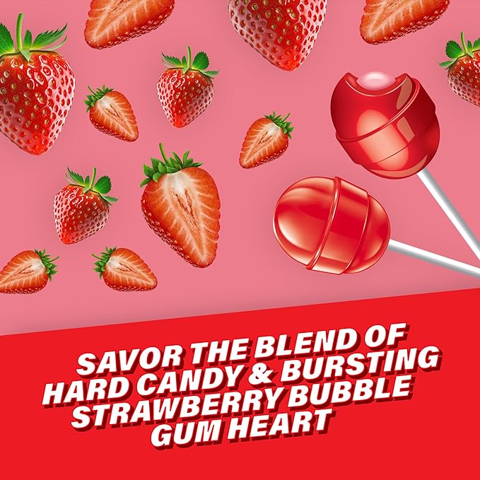 Colombina Bon Bon Bum Lollipops w/Bubble Gum Center, Strawberry Flavor, Individually Wrapped, Ideal for Party Favors and Gifts, 2 Pack (24 Count)